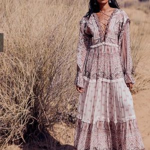 HEMANT & NANDITA Noor Printed Lace-Up Maxi Dress XS White Brown Pink Cream NWT